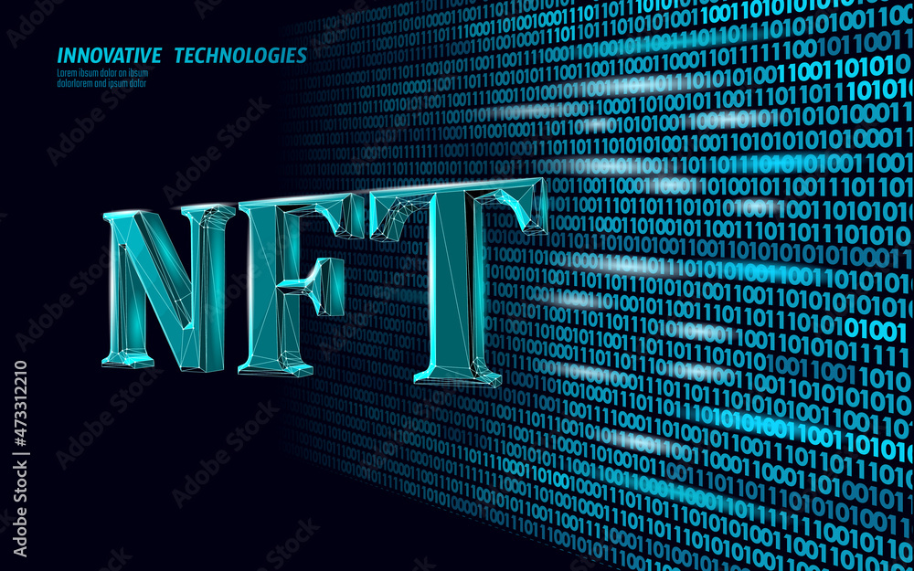 Poster 3d nft non fungible unique cryptocurrency. blockchain art crypto security code.data stored digital p