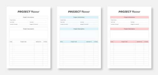 3 Set of Minimalist planner template design. Project planner template design. Printable minimal planner template set.