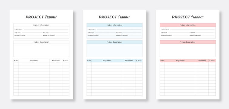 3 Set of Minimalist planner template design. Project planner template design. Printable minimal planner template set.