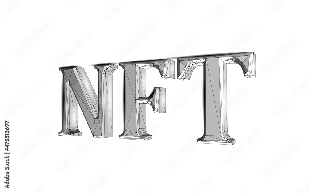 Poster 3d nft non fungible unique cryptocurrency. blockchain art crypto security code.data stored digital p