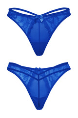 Detail shot of blue erotic string panties. Sexy lingerie is isolated on the white background. Front and back views. 