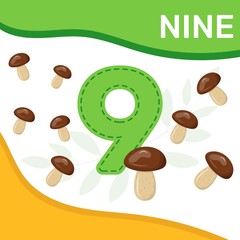 Preschool game for kids learning to count. Number nine. Mushrooms. Bright colorful elements.