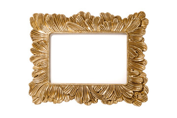 Golden picture frame empty and isolated on white background. Vintage, decorative element with free...