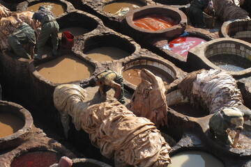 leather dyeing in the city center of Fes in Morocco