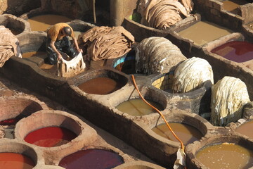 leather dyeing in the city center of Fes in Morocco