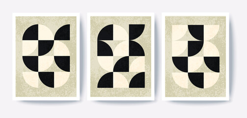 Set of 3 minimal geometric cards or posters, vector template with primitive shapes elements
