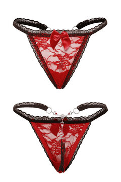 Detail shot of red erotic string panties with lace frill and rhinestones. Sexy lingerie is isolated on the white background. Front and back views. 