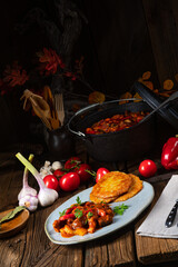 Original Hungarian goulash with potato pancakes