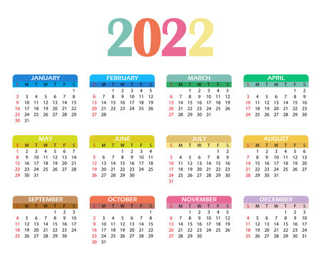 2022 calendar template many colors. Monthly design vector. The week starts on Sunday. English version