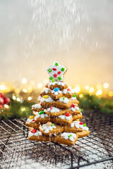 Homemade Gingerbread cookies Christmas Trees, decorated with icing and sugar decorations.