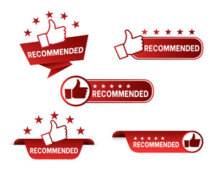 Recommended Banner Set. Best recommendation badge, best selling tag, and ranking suggestion banner vector set. Thumb icon with red ribbon, promotional marketing advertising sticker, positive feedback