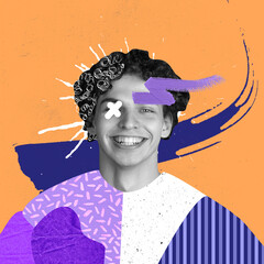 Contemporary art collage of young cheerful man with drawn cloth and hair elements isolated over orange background