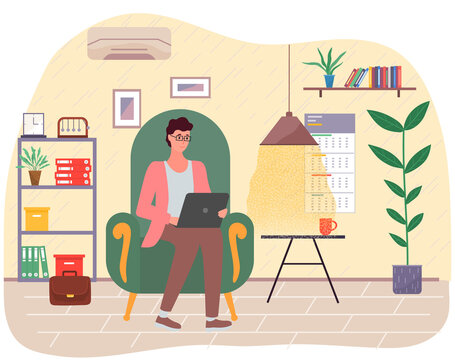 Man working person sitting in room and correspondence surfing Internet. Male character communicating through network on laptop. Freelance, work from home and home office concept, remote work