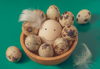 Chicken and quail eggs lying in a wooden plate in the form of a flower with a smile, with feathers...