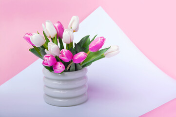 Pink and white tulips in white vase close up and copy space.