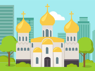 Old Orthodox Church isolated. Temple vector classic cathedral illustration. Religious building in style of ancient architecture, traditional prayer house, dome with cross on roof