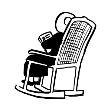 recommend clip art: Old woman sitting on a mercy chair and reading a book. Back view. Ink strokes sketch hand drawn style vector illustration isolated on white background.