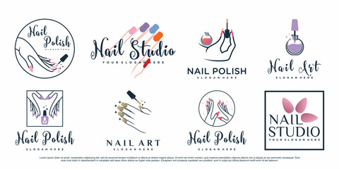 Nail polish logo beauty salon with woman hands and creative concept Premium Vector