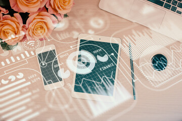 Multi exposure of technology theme drawing over table with phone. Top view. Concept of hightech.