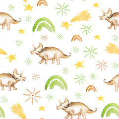 Triceratops rainbow and flowers watercolor seamless pattern. Template for decorating designs and illustrations.