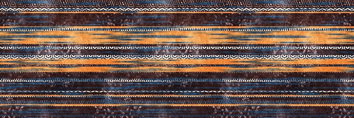 Seamless tribal ethnic stripe grungy border surface pattern design for print. High quality illustration. Faded rug or carpet like cover graphic tile. Thick lines filled with interesting geo textures.