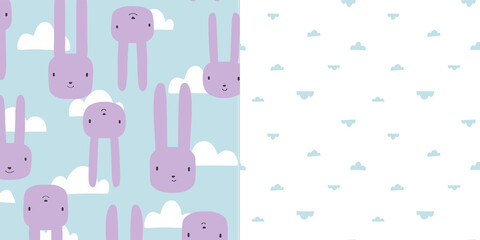 Spring bunny vector seamless pattern set for baby boy clothing. Cute repeat design in lilac and mint blue colours.