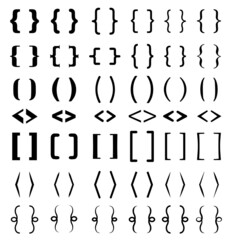 Different brackets set. Text brackets. Curly braces, square and corner parentheses. Openwork vector.