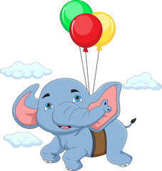 cartoon cute elephant flying with balloon