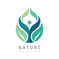 Human character - nature green leaves - vector logo concept illustration. Health positive symbol. Graphic design element. Wellness logo design. Development business logo.