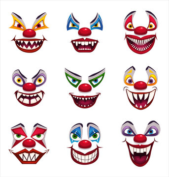 Crazy clowns faces on white background. Fantastic scary clown. Isolated on white. Scary vector.