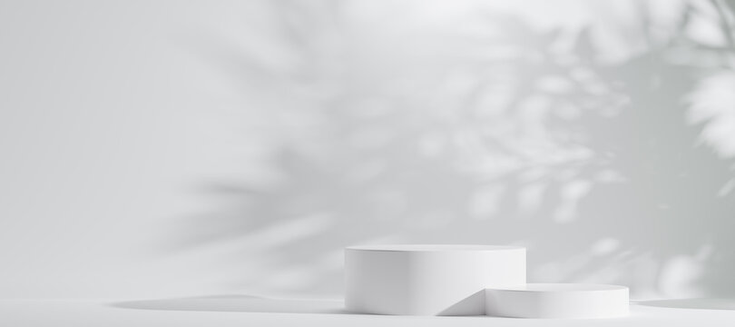 Minimal abstract luxury white podiums block for product presentation with empty stage, Sunshade shadow on beige and shadows of tree leaves, Pedestal for cosmetic product, 3d render illustration.