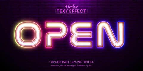 Neon glowing text effect, open text style isolated on brick wall background