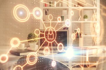 Double exposure of social network theme drawing and office interior background. Concept of web.