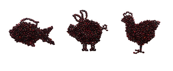 bean pig, chicken and fish on a white background, plant based meat, vegan meat, artificial meat