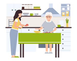 Happy family cooking dinner together in modern kitchen vector flat illustration. Mother, father, daughter and son spending time at home