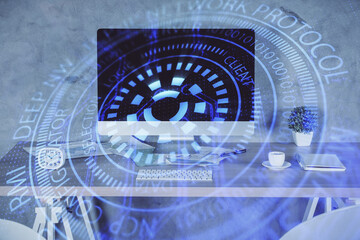 Multi exposure of data theme drawing and office interior background. Concept of technology.
