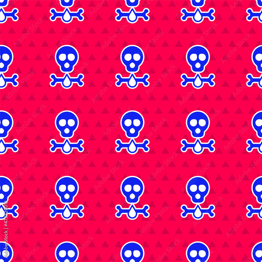 Aufkleber blue bones and skull as a sign of toxicity warning icon isolated seamless pattern on red background.