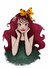 Cute character close-up with a large yellow bow-knot and a skeleton on his head, cartoon girl with long crimson hair in a green plant dress, happy face with big eyes and smile.