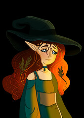 Fairytale girl with big blue eyes on a dark background a in autumn leaves and sun rays. Cartoon character  in a large hat close-up, sad little witch with pointed ears and orange hair.