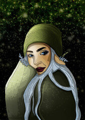 Glamorous dryad with blue hair and eyes, cartoon portrait of a girl in a green sweater and cap, close-up fairytale character in a knitted headdress against the background of a cosmic starry sky.