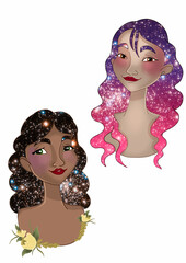 Cartoon characters without background, portraits of two pretty girls with big eyes and a starry cosmic hair, with cute smiles and flowers, isolated personages a close-up.