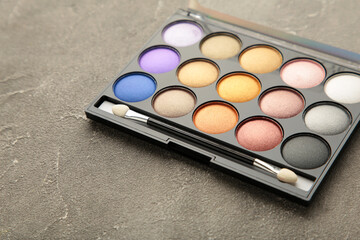 Professional makeup palette with brush on grey background. Make up cosmetics.