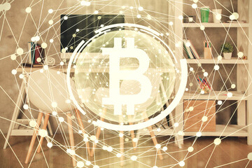 Double exposure of crypto technology theme drawing and office interior background. Concept of blockchain.