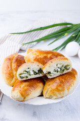 Delicious little pies with green onion and egg. Traditional Russian cuisine. Homemade cakes.