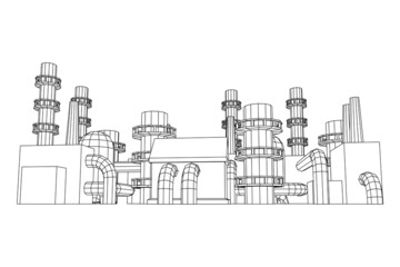 Industrial building factorie facilitie power plant with chimneys. Wireframe low poly mesh vector illustration.