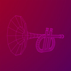 Trumpet pipe fife musiacal instrument. Wireframe low poly mesh vector illustration.