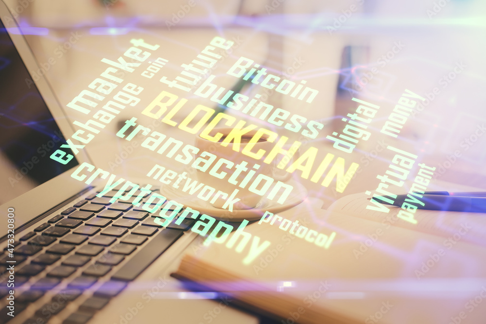 Poster Double exposure of crypto technology drawing and desktop with coffee and items on table background. Concept of blockchain