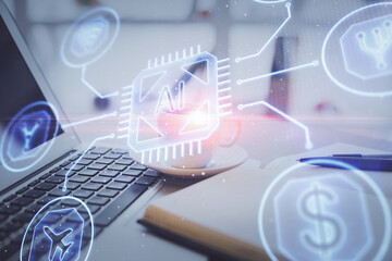 Double exposure of technology theme drawing and desktop with coffee and items on table background. Concept of data research.