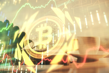 Fototapeta premium Double exposure of crypto technology drawing and desktop with coffee and items on table background. Concept of blockchain