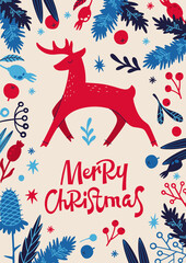 Vector illustration with Merry Christmas text and deer